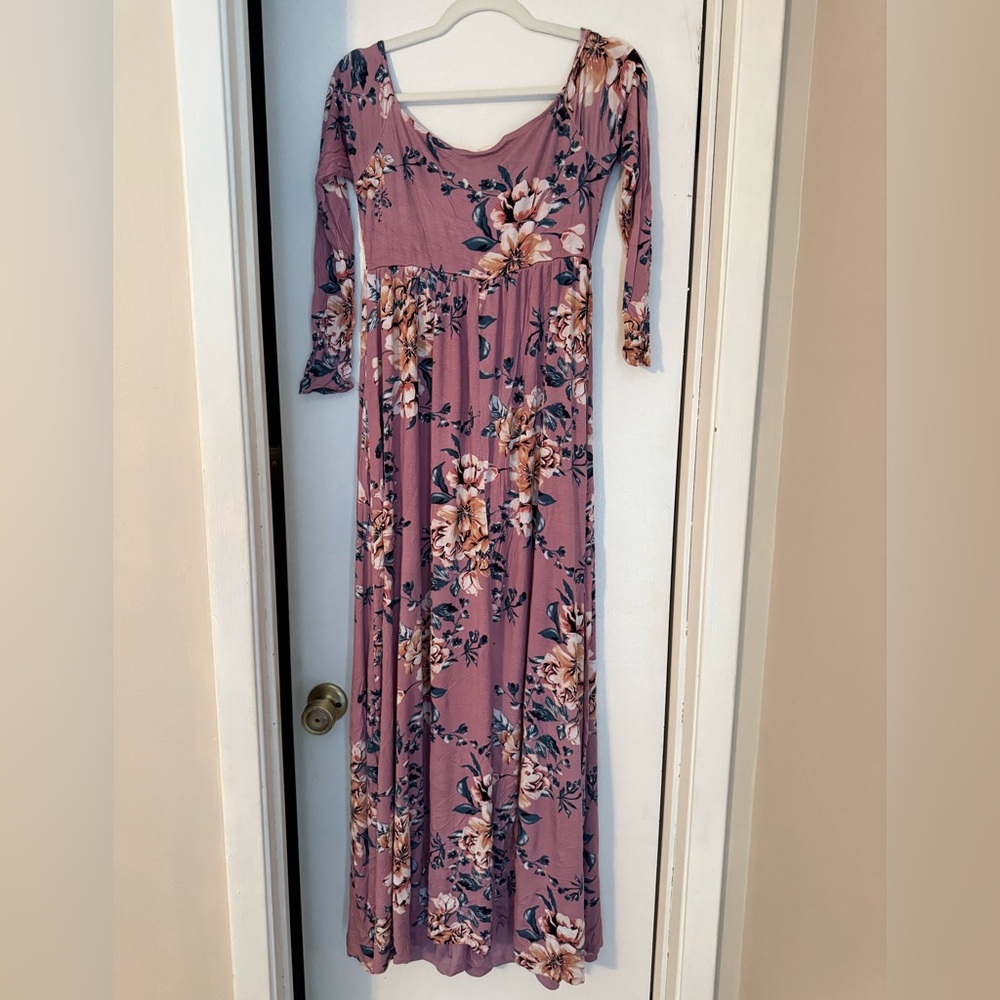 Pink Blush over the shoulder purple floral maternity dress- size large